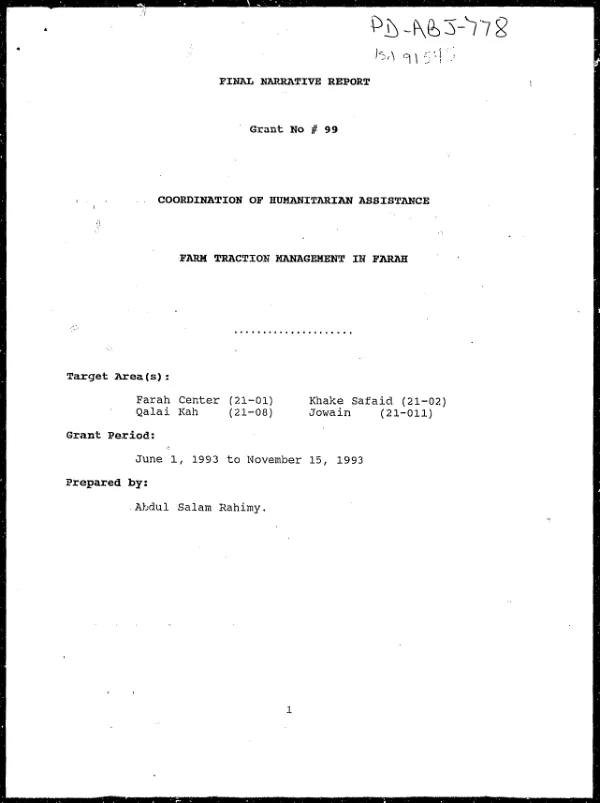 Final narrative report : grant no. 99 -- Coordination of Humanitarian Assistance -- farm traction management in Farah [-- June 1, 1993 to November 15, 1993]