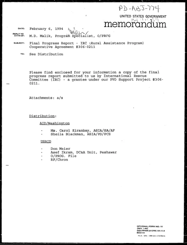 Final narrative report (FNR) [: Solidarites - Afghanistan, grant no. 069 -- Shiber agricultural rehabilitation -- 15 May 1992 to 15 October 1993]