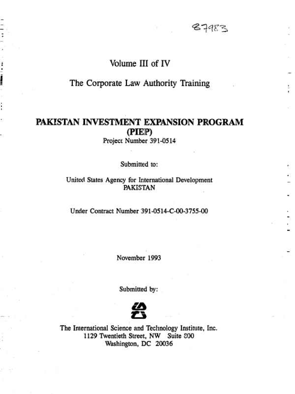 Volume III of IV : the corporate law authority training -- Pakistan investment expansion program (PIEP)