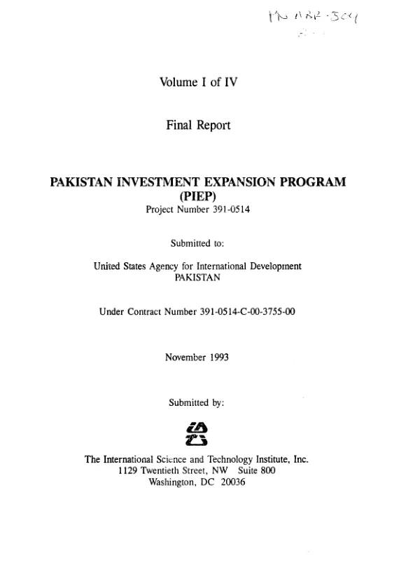 Volume I of IV : final report -- Pakistan investment expansion program (PIEP)