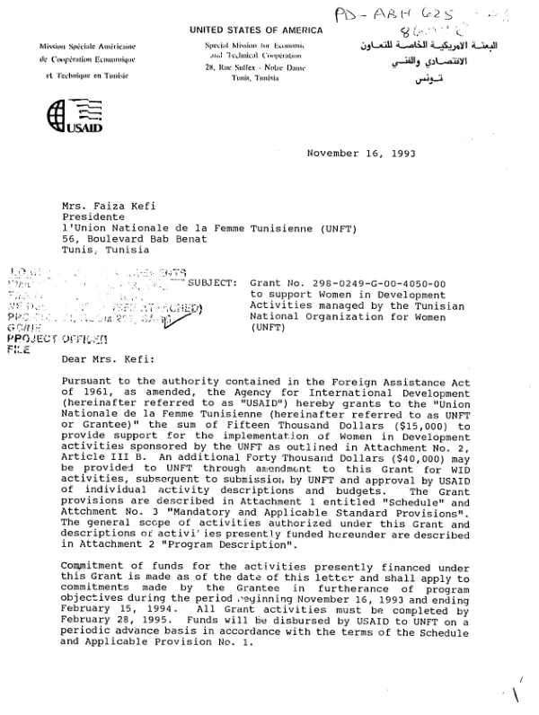 AID grant no. 298-0249-G-00-4050-00 to the Union Nationale de la Femme Tunisienne [Tunisian National Organization for Women (UNFT)] to support women in development activities