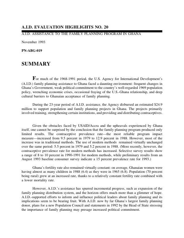 AID assistance to the family planning program in Ghana