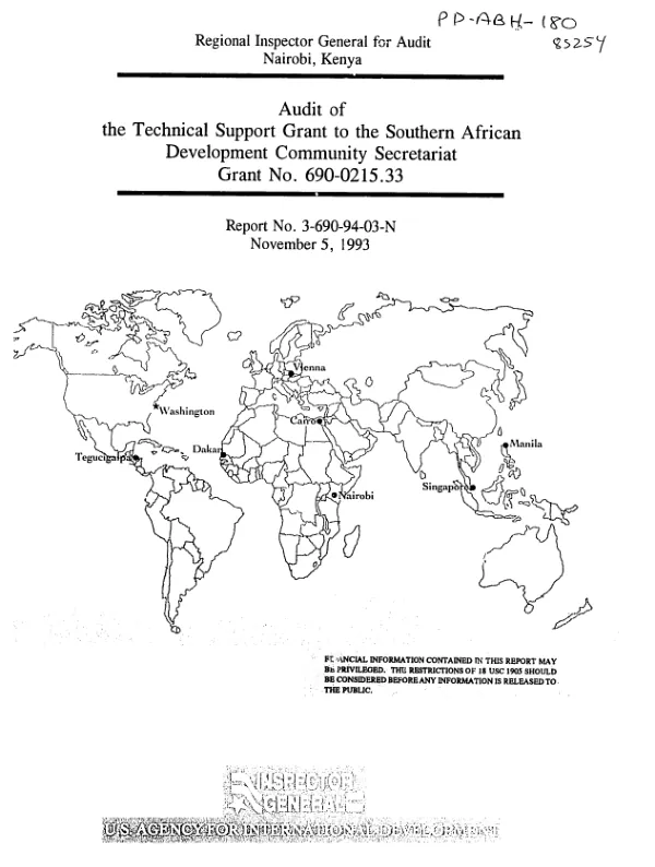Audit of the technical support grant to the Southern African Development Community Secretariat, grant no. 690-0215.33