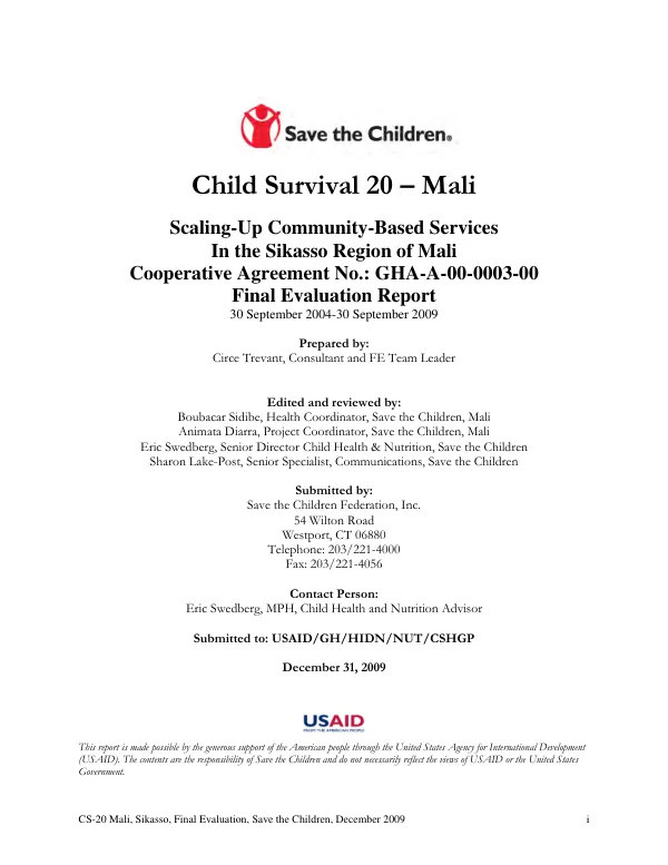 Child survival 20-Mali : scaling-up community-based services in the Sikasso Region of Mali -- final evaluation report, 30 September 2004-30 September 2009