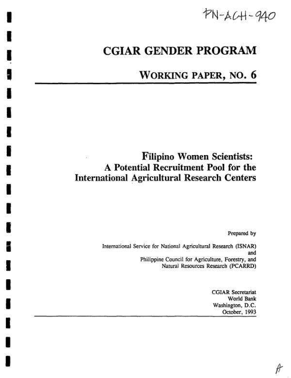 Filipino women scientists : a potential recruitment pool for the international agricultural research centers