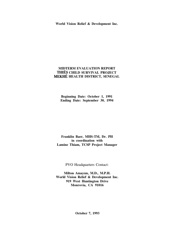 Midterm evaluation report : Thies child survival project, Mekhe health district, Senegal