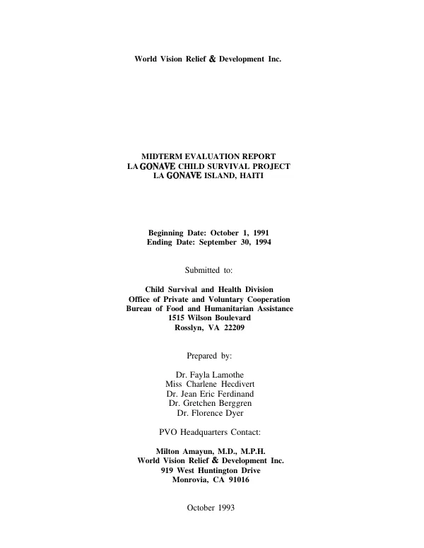 Midterm evaluation report : La Gonave child survival project, La Gonave Island, Haiti