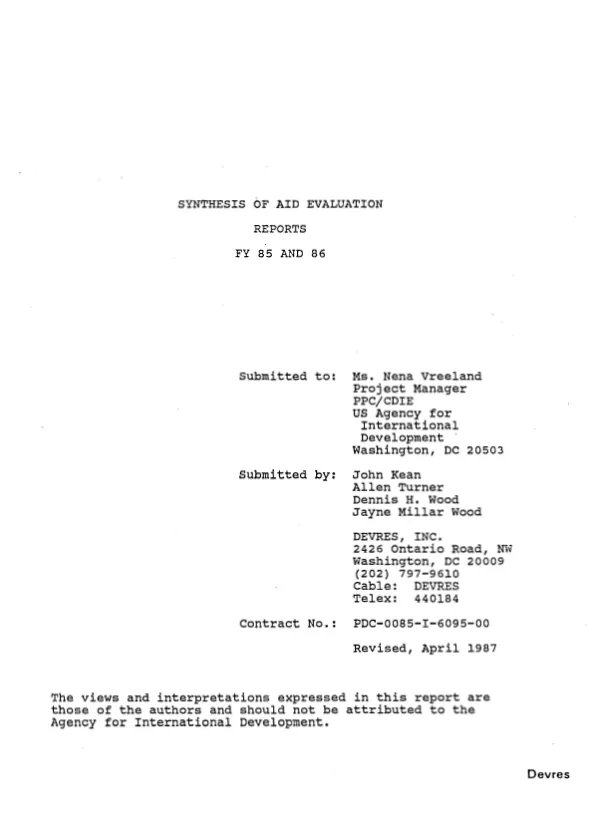 Synthesis of AID evaluation reports FY 85 and 86