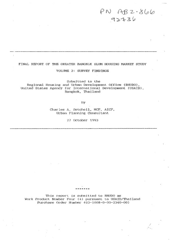 Final report of the Greater Bangkok slum housing market study -- volume 2 : survey findings
