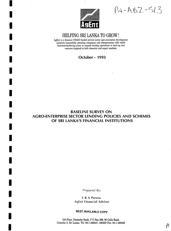 Baseline survey on agro-enterprise sector lending policies and schemes of Sri Lanka"s financial institutions
