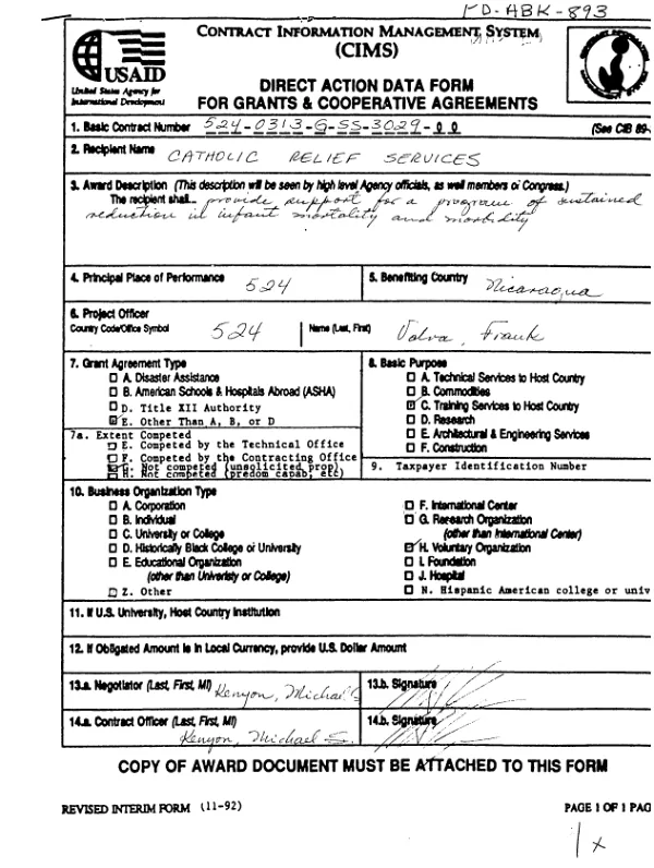 AID grant no. 524-0313-G-SS-3029-00 to Catholic Relief Services (CRS) to provide support for a program of sustained reduction in infant mortality and morbidity