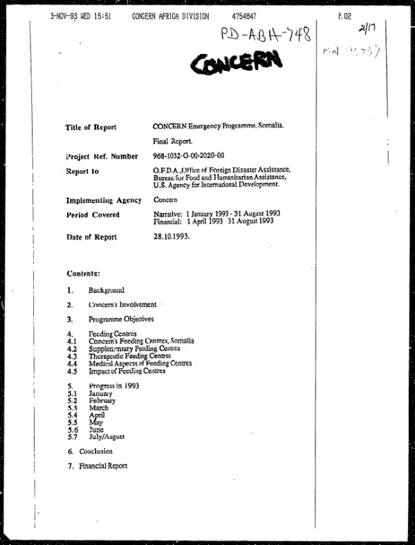 CONCERN emergency programme, Somalia : final report