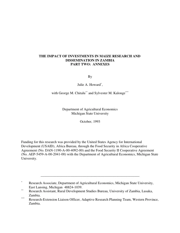 Impact of investments in maize research and dissemination in Zambia -- part II -- annexes