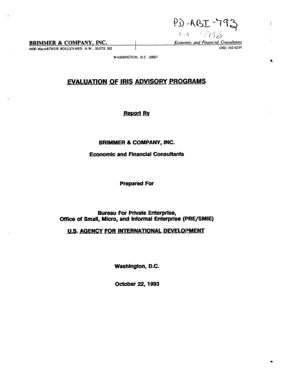 Evaluation of IRIS [institutional reform and informal sector] advisory programs