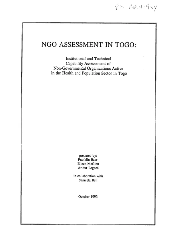 NGO assessment in Togo : institutional and technical capability assessment of non-governmental organizations active in the health and population sector in Togo