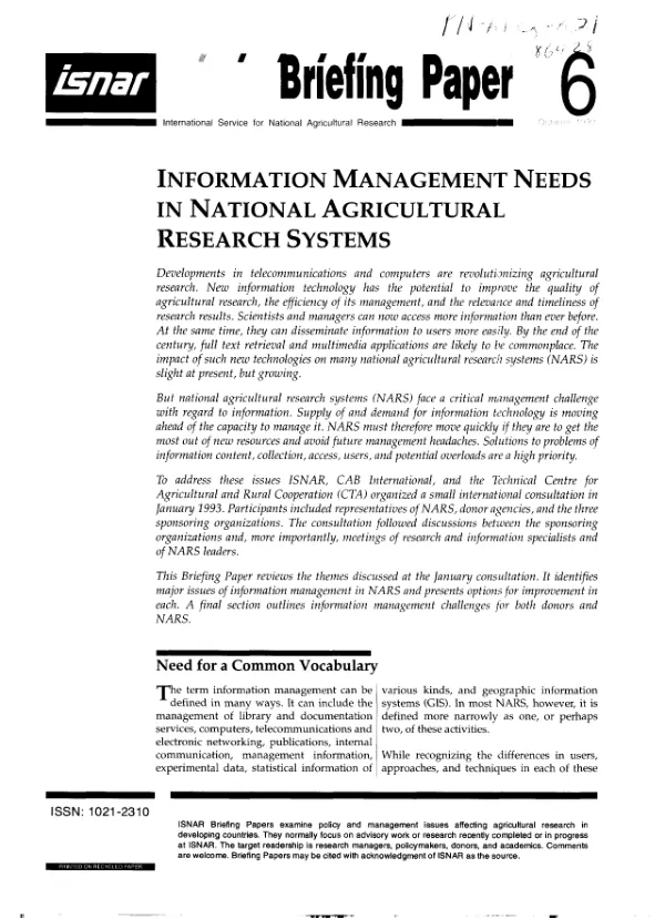 Information management needs in national agricultural research systems