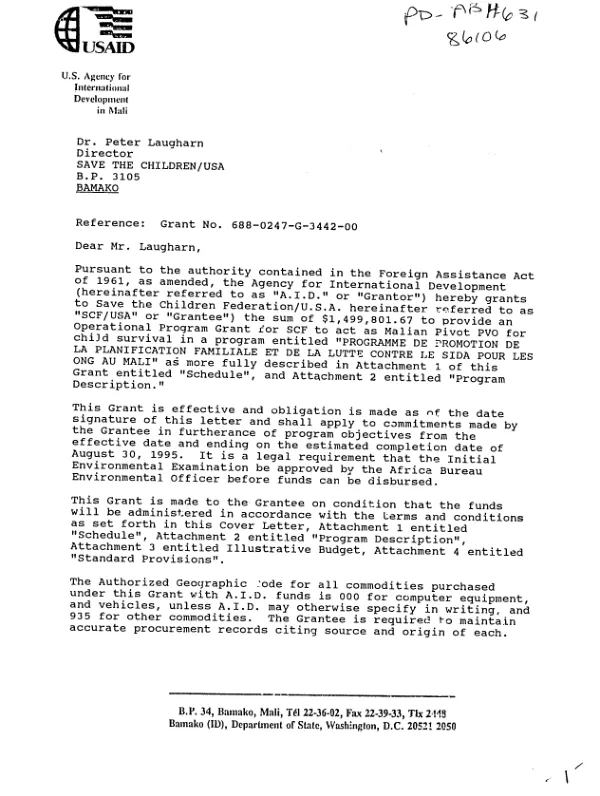 AID grant no. 688-0247-G-[00]-3442-00 to Save the Children Federation/USA for a program of promotion of family planning and AIDS awareness in Mali