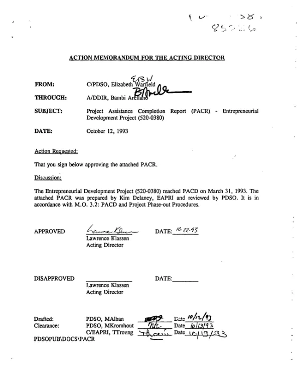 Project assistance completion report : entrepreneurial development project (520-0380)