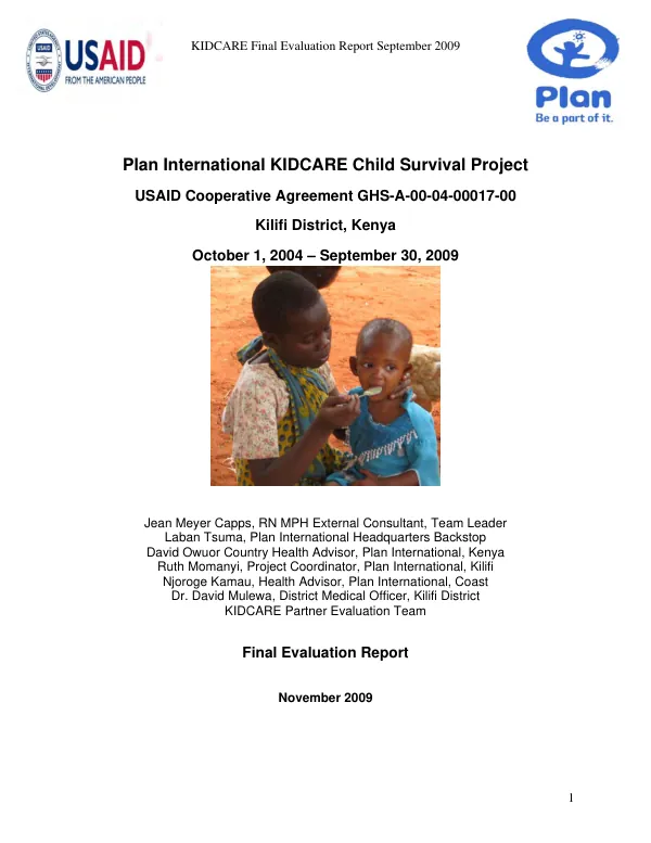 Plan International KIDCARE child survival project : USAID cooperative agreement GHS-A-00-04-00017-00, Kilifi District, Kenya, October 1, 2004-September 30, 2009 : final evaluation report