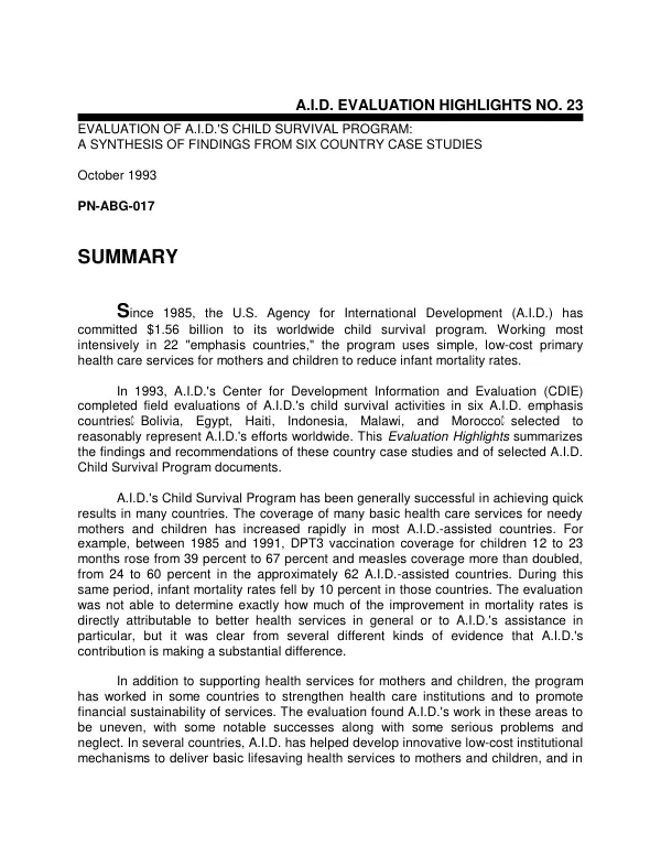 Evaluation of AID"s child survival program : a synthesis of findings from six country case studies