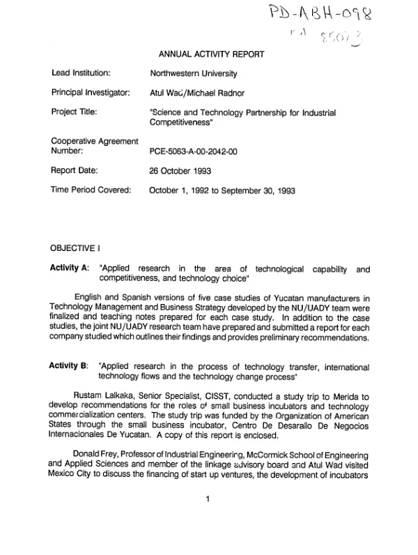 Annual activity report [: Northwestern University -- science and technology partnership for industrial competitiveness]