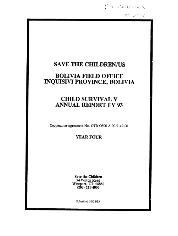Save the Children/US : Bolivia field office, Inquisivi Province, Bolivia -- child survival V : annual report FY 93, cooperative agreement no. OTR-0500-A-00-9149-00 -- year four