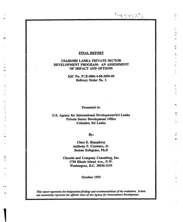 USAID/Sri Lanka private sector development program : an assessment of impact and options
