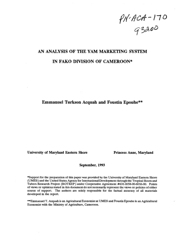Analysis of the yam marketing system in Fako division of Cameroon