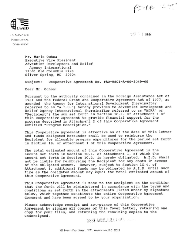 AID cooperative agreement no. FAO-0801-A-00-3049-00 to Adventist Development and Relief Agency International (ADRA) to expand ADRA"s capacity to design, implement, manage, and evaluate a variety of sustainable, community-based Title II programs