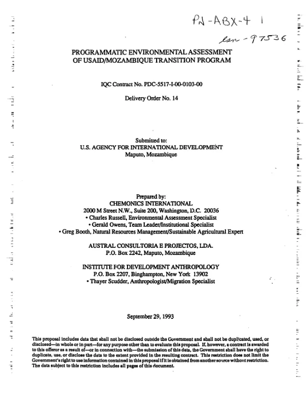 Programmatic environmental assessment of USAID/Mozambique transition program