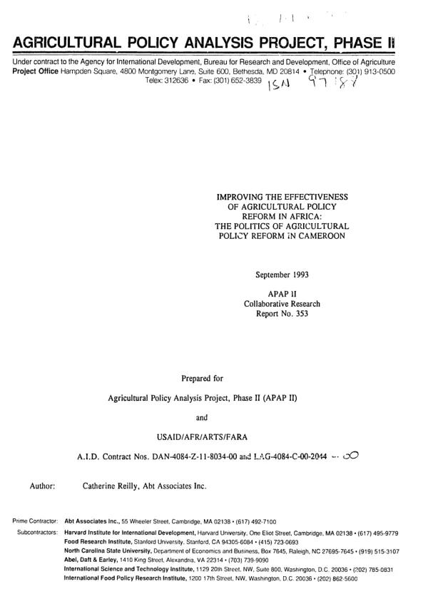 Improving the effectiveness of agricultural policy reform in Africa : the politics of agricultural policy reform in Cameroon