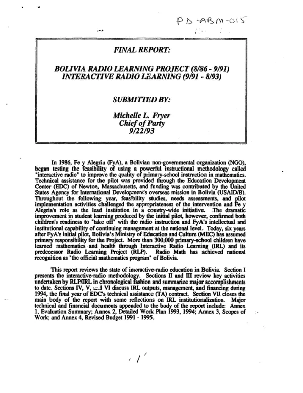 Final report : Bolivia radio learning project (8/86-9/91) -- interactive radio learning (9/91-8/93)