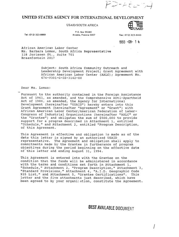 AID grant agreement no. 674-0301-G-SS-3142-00 to the African American Labor Center (AALC)/American Federation of Labor - Congress of Industrial Organizations (AFL/CIO) under the South Africa community outreach and leadership development [COLD] project