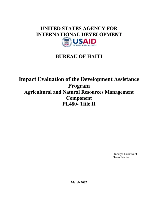 Impact evaluation of the development assistance program, agricultural and natural resources management component, PL480 - Title II