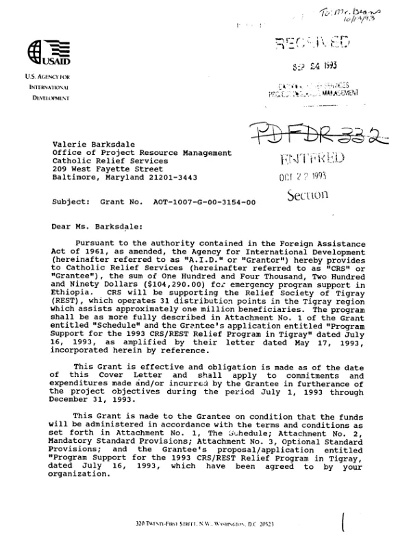 AID grant no. AOT-10007-G-00-3154-00 to Catholic Relief Services (CRS) in support of its application, entitled `Program support for the 1993 CRS/REST [Relief Society of Tigray], dated July 16, 1993, as amplified by its letter, dated May 17, 1993