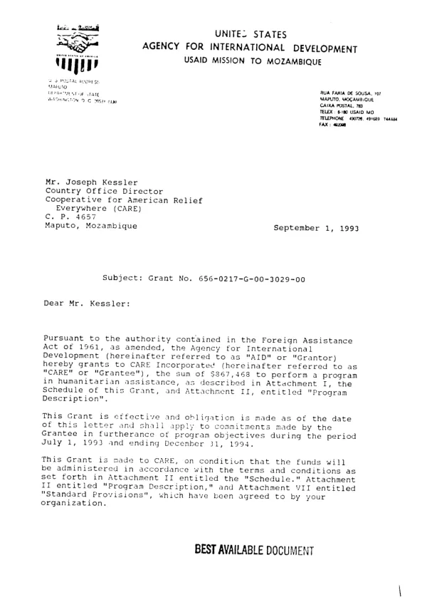 AID grant agreement no. 656-0217-G-00-3029-00 to CARE Incorporated in support of its community water and sanitation activity in northern Inhambane Province, Mozambique