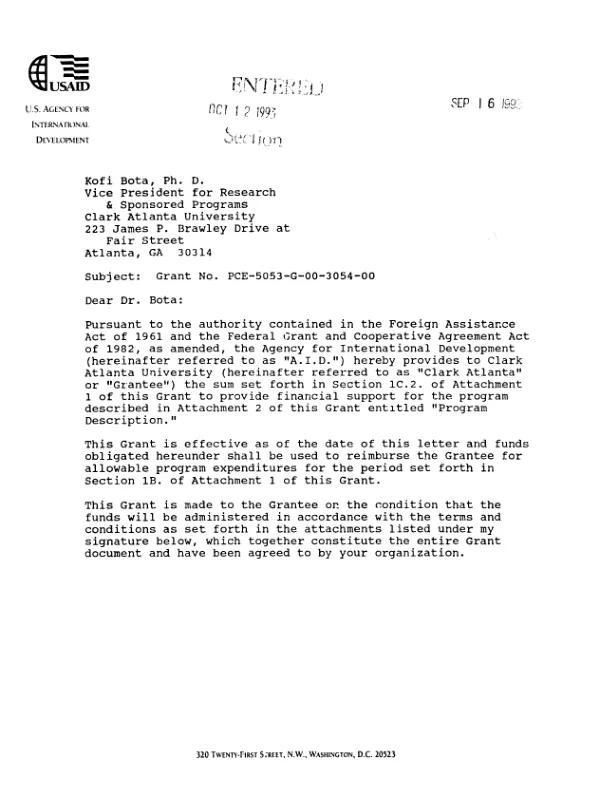 AID grant no. PCE-5053-G-00-3054-00 to Clark Atlanta University in support of its proposal, entitled `Proposal to examine the relationships between women, development and the environment in rural Madagascar", dated April 29, 1993