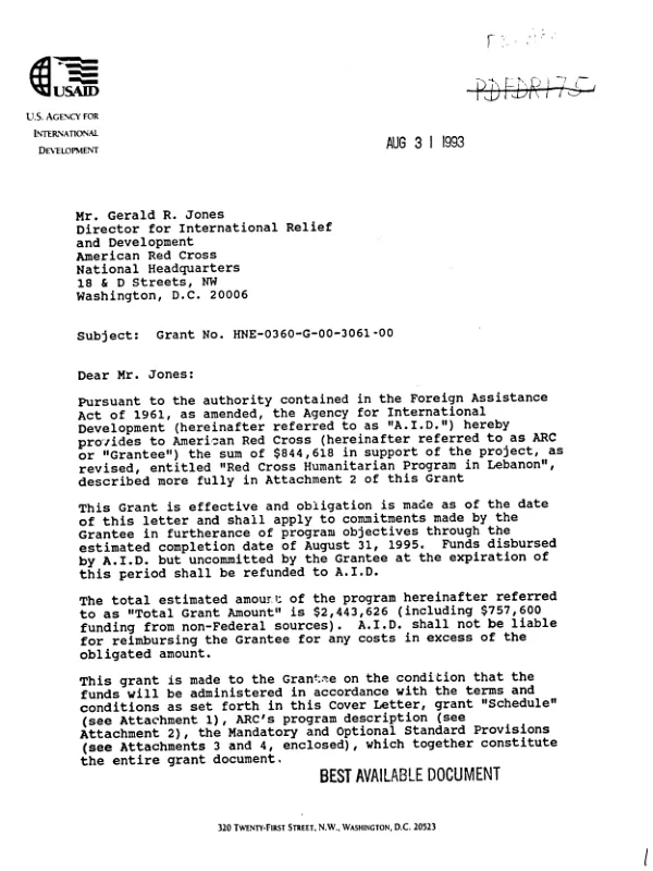 AID grant agreement no. HNE-0360-G-00-3061-00 with American Red Cross (ARC) in support of its revised proposal, entitled `Red Cross humanitarian program in Lebanon", dated August 31, 1993