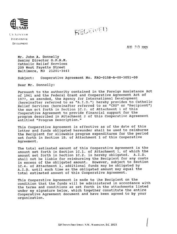 AID cooperative agreement no. FAO-0158-A-00-3051-00 to Catholic Relief Services (CRS) in support of its proposal to extend the benefits of credit and microenterprise development to the destitute, particularly women, through the strengthening of people"s development organizations and NGOs [non-governmental organizations] as self-sustainable credit intermediaries