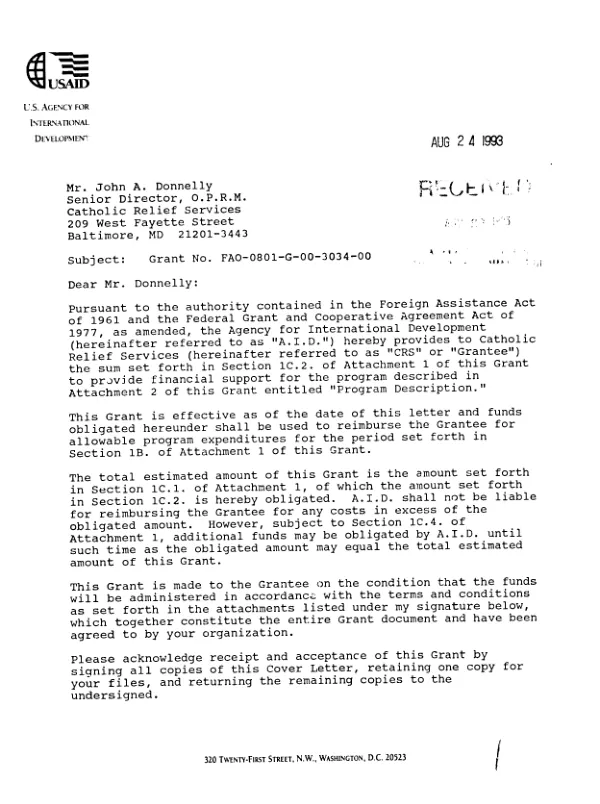AID grant agreement no. FAO-0801-G-00-3034-00 to Catholic Relief Services (CRS) to build CRS"s capacity to provide higher quality humanitarian and developmental Title II programs through an integrated approach, including technical assistance, training and information sharing, and research and development components