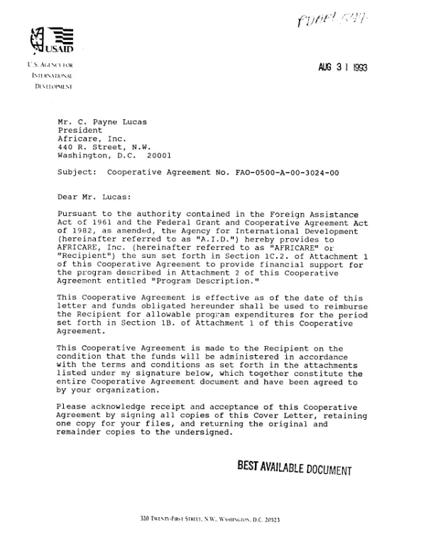 AID cooperative agreement no. FAO-0500-A-00-3024-00 to AFRICARE, Inc. in support of its proposal, entitled `Ganzourgou child survival project II - Burkina Faso", and `Adamawa State child survival/maternal health project -- Nigeria", dated November 30, 1992