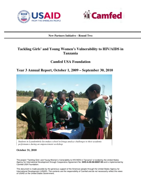 Tackling girls" and young women"s vulnerability to HIV/AIDS in Tanzania : Camfed USA Foundation -- year 3 annual report, October 1, 2009-September 30, 2010