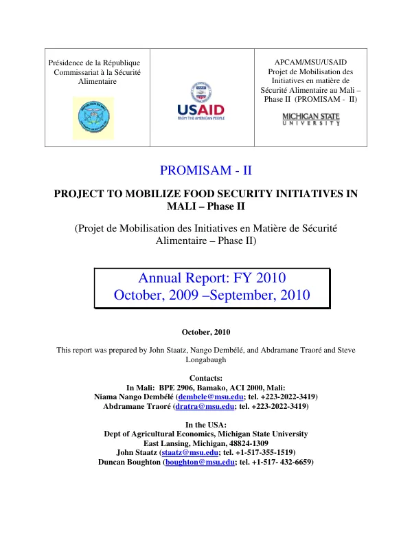 Project to mobilize food security initiatives in Mali - phase II (PROMISAM II) [projet de mobilisation des initiatives en matiere de securite alimentaire au Mali] : annual activity report, October 2009-September 2010 -- strengthening the capacity of the Malian Governemtn to develop analytical and market-based food security responses