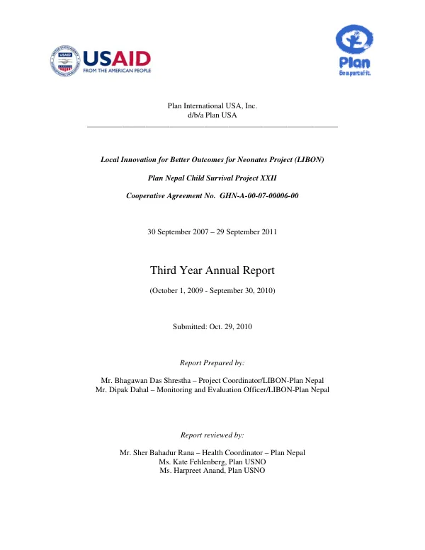 Local innovation for better outcomes for neonates project (LIBON) : third year annual report, (October 1, 2009-September 30, 2010)