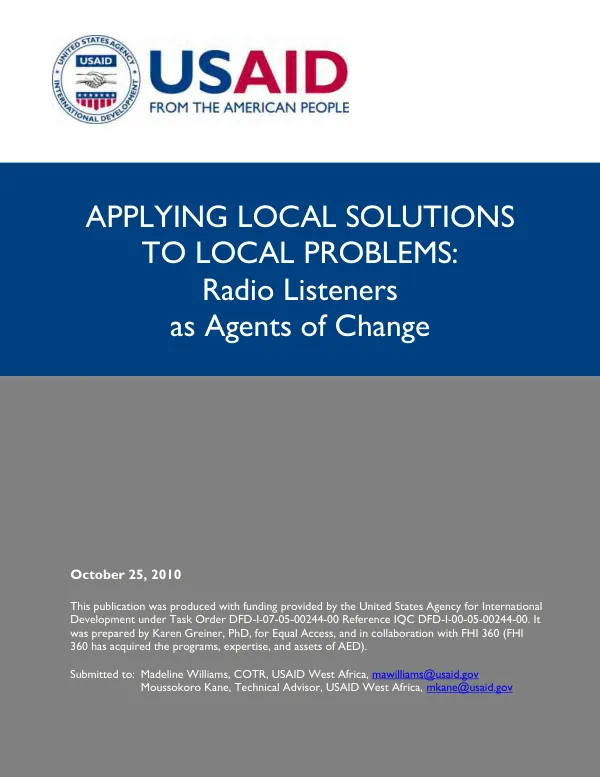 Applying local solutions to local problems : radio listeners as agents of change : an evaluation of the impact on listeners of radio programming in Chad and Niger under the United States Agency for International Development (USAID) Peace through Development Project (PDEV)
