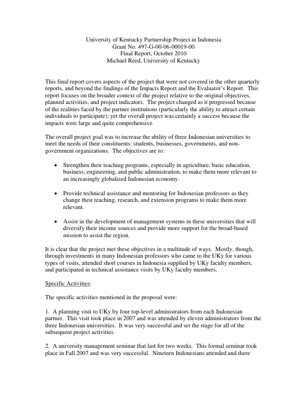 University of Kentucky partnership project in Indonesia : final report
