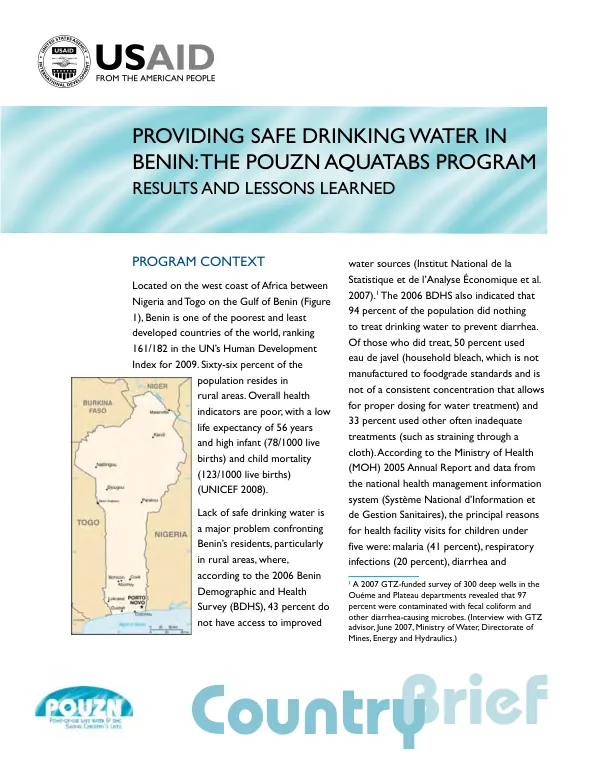Providing safe drinking water in Benin : the POUZN aquatabs program results and lessons learned