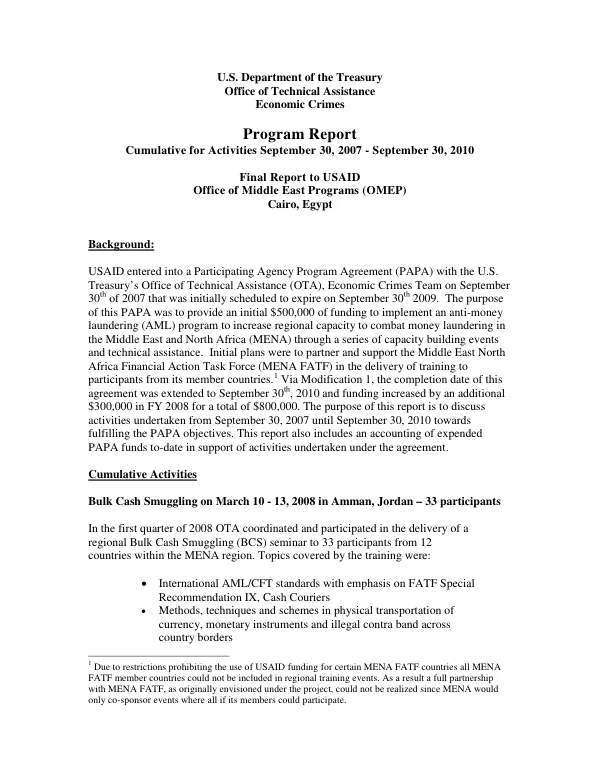 Program to increase regional capacity to combat money laundering in the Middle East and North Africa (MENA ): program report : cumulative for activities September 30, 2007-September 30, 2010 : final report to USAID
