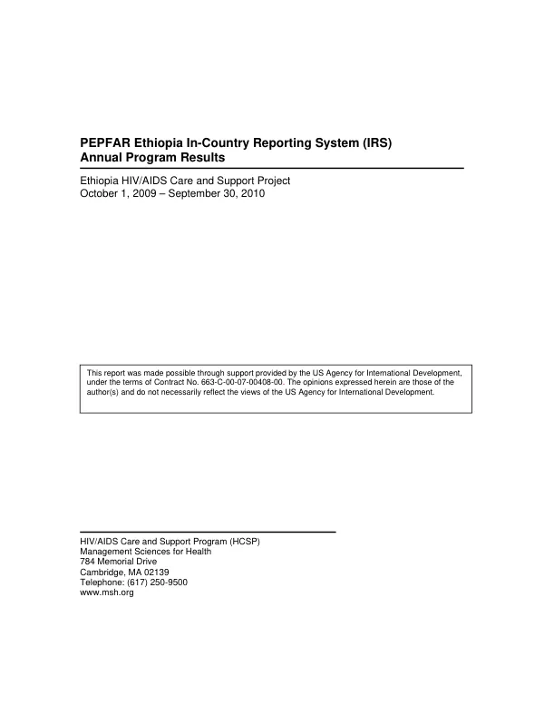 PEPFAR Ethiopia in-country reporting system (IRS) : reporting template -- progress report for FY2010 : annual program results (APR) (Oct 2009-Sep 2010)