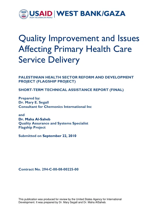 Quality improvement and issues afffecting primary health care service delivery : short-term technical assistance report (final)